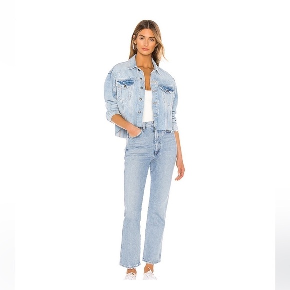 Free People WTF Slouchy Amelia Trucker Distressed Raw Hem Denim Jacket EUC S - Picture 3 of 10